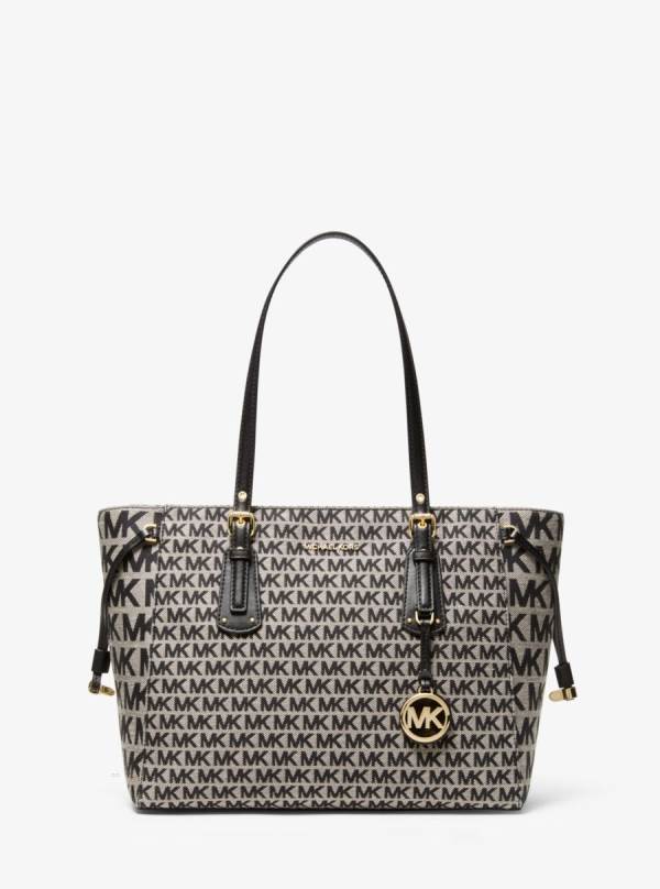 Damske Prenosná Taška Michael Kors Voyager Medium Logo Jacquard Béžové Čierne - Kabelky Michael Kors Outlet | DUHOM-6593